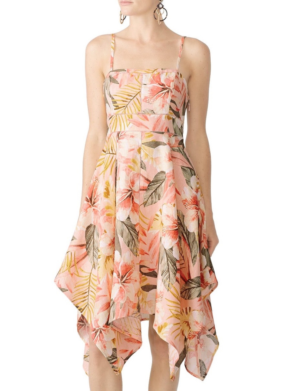 Joie Floral Linen Midi Dress Tropical Resort Vacation Handkerchief Hem Size 8